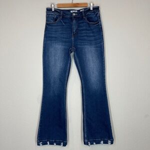 Kancan Jeans Women's Size 31 Blue Kurvy Mid Rise Flare Distressed Hem